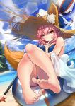  1girl absurdres animal_ears barefoot beach bikini blue_bikini blue_sky breasts clouds day ears_through_headwear fate/grand_order fate_(series) feet finger_to_mouth fox_ears fox_tail hat highres index_finger_raised light_rays medium_breasts nail_polish ocean sand sky soles solo straw_hat sunbeam sunlight swimsuit tail tamamo_(fate)_(all) tamamo_no_mae_(swimsuit_lancer)_(fate) toenail_polish toes yellow_eyes zpig020406 