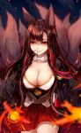  1girl aircraft airplane akagi_(azur_lane) animal_ears asymmetrical_bangs azur_lane bangs blurry breasts cleavage collarbone cowboy_shot depth_of_field eyebrows_visible_through_hair fire fox_ears fox_tail glowing glowing_eyes grin hair_in_mouth hakama_skirt half-closed_eyes highres kyuubi large_breasts long_hair mouth_hold multiple_tails obi open_clothes pleated_skirt red_skirt sash shaded_face skirt smile solo sukemyon tail teeth very_long_hair 