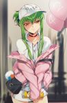  1girl :3 bag balloon c.c. choker closed_mouth clothes_writing code_geass creayus eyebrows_visible_through_hair green_hair handbag hat holding holding_balloon hood hoodie jacket long_hair looking_at_viewer off_shoulder shoulder_bag skirt sleeves_past_wrists smile solo standing yellow_eyes 