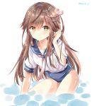  1girl arashio_(kantai_collection) bow bowtie brown_eyes brown_hair cosplay cowboy_shot hair_ornament i-58_(kantai_collection) i-58_(kantai_collection)_(cosplay) kantai_collection kurun_(kurun777) long_hair looking_at_viewer neckerchief no_pants partially_submerged pink_neckwear school_swimsuit school_uniform serafuku simple_background solo swimsuit swimsuit_under_clothes twitter_username water white_background 