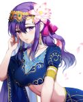  1girl adjusting_hair artist_request blush breasts earrings fate/grand_order fate_(series) flower hair_flower hair_ornament indian_clothes jewelry large_breasts leaning_forward long_hair looking_at_viewer matou_sakura midriff parvati_(fate/grand_order) petals purple_hair solo violet_eyes white_background 