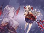  background bare_legs bare_shoulders breasts cleavage corset forehead frilled_sleeves frills glowing glowing_eyes hair_ornament holding holding_spear holding_weapon king&#039;s_raid large_breasts lewisia_(king&#039;s_raid) long_hair looking_at_viewer official_art ornate_clothing pale_skin polearm serious silver_hair spear vampire weapon white_skin yellow_eyes 