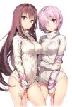  2girls anmi arm_ribbon bangs blush breasts brown_hair commentary commentary_request covered_navel dress eyebrows_visible_through_hair fate/grand_order fate_(series) hair_over_one_eye highres large_breasts long_hair looking_at_viewer medium_breasts multiple_girls naked_sweater purple_hair red_eyes ribbed_sweater ribbon scathach_(fate/grand_order) shielder_(fate/grand_order) short_hair simple_background sleeves_past_wrists standing sweater sweater_dress thighs turtleneck turtleneck_sweater very_long_hair violet_eyes white_background white_sweater 