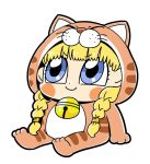  &gt;:) 1girl animal_costume bangs bkub blonde_hair blue_eyes blunt_bangs blush_stickers braid cat_costume chibi closed_mouth dot_nose dragon_quest_xi eyebrows_visible_through_hair full_body looking_up simple_background sitting smile solo twin_braids veronica_(dq11) white_background 