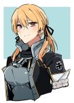  1girl alternate_eye_color anchor asakawa_(outeq) black_ribbon blonde_hair breasts closed_mouth coat commentary_request cosplay eyebrows_visible_through_hair grin hair_between_eyes hair_over_shoulder hair_ribbon iron_cross kantai_collection looking_at_viewer low_twintails nagato_(kantai_collection) nagato_(kantai_collection)_(cosplay) prinz_eugen_(kantai_collection) red_eyes remodel_(kantai_collection) ribbon simple_background smile solo twintails upper_body white_border 