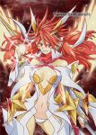  10s 1girl amou_kanade bodysuit breasts clenched_hand grin hair_between_eyes headphones large_breasts link_(aa30) long_hair navel red_eyes redhead senki_zesshou_symphogear smile solo twitter_username weapon x-drive_(symphogear) 