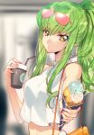  1girl bangs bare_arms bare_shoulders breasts c.c. code_geass coffee_cup creayus eyebrows_visible_through_hair eyewear_on_head food food_on_face giving green_hair hair_between_eyes ice_cream ice_cream_cone long_hair looking_at_viewer medium_breasts ponytail sleeveless solo sunglasses upper_body yellow_eyes 