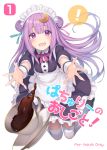  1girl alternate_costume apron bangs black_footwear blunt_bangs cover cover_page crescent crescent_hair_ornament cup doujin_cover enmaided foreshortening hair_ornament long_hair looking_at_viewer maid maid_headdress outstretched_arms patchouli_knowledge pokachu purple_hair saucer solo tea teacup thigh-highs touhou very_long_hair violet_eyes waist_apron white_legwear wrist_cuffs 