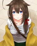  1girl ahoge alternate_costume between_breasts blue_eyes blush brown_hair casual collarbone commentary_request from_above hair_flaps highres kantai_collection looking_at_viewer off-shoulder_sweater remodel_(kantai_collection) shigure_(kantai_collection) shirt solo strap_cleavage striped striped_shirt sweater twitter_username yamamura_umi 