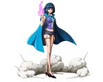  1girl black_footwear black_shorts blue_cape blue_hair bodskih brown_eyes cape fire full_body high_heels long_hair looking_at_viewer one_piece purple_shirt scar shirt short_shorts shorts sleeveless sleeveless_shirt solo standing thigh_strap transparent_background 