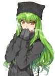  1girl bag beanie black_gloves c.c. coat code_geass creayus gloves green_hair hat long_hair looking_at_viewer simple_background solo sweater white_background yellow_eyes 