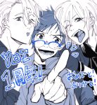  3boys anniversary blue-framed_eyewear con_potata glasses katsuki_yuuri male_focus monochrome multiple_boys one_eye_closed open_mouth pointing smile spot_color tongue tongue_out translation_request viktor_nikiforov yuri!!!_on_ice yuri_plisetsky 