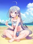  1girl :d ahoge barefoot beach bikini_top blue_bikini_top feet food grey_hair hair_between_eyes holding holding_food kantai_collection kiyoshimo_(kantai_collection) konnyaku_(kk-monmon) long_hair low_twintails ocean open_mouth popsicle round_teeth smile solo teeth toes twintails very_long_hair violet_eyes 