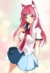  1girl academy_ahri ahri aikoo animal_ears breasts fox_ears hair_ornament hairclip hand_on_own_chest heart_hair_ornament highres large_breasts league_of_legends long_hair looking_at_viewer redhead school_uniform skirt solo uniform whisker_markings yellow_eyes 
