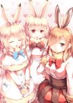  3girls :3 :d absurdres animal_ears arctic_hare_(kemono_friends) arm_at_side bangs black_gloves blue_bow blue_neckwear blush bob_cut bow bowtie breasts brown_eyes brown_hair buttons capelet closed_eyes closed_mouth corset cowboy_shot dress drill_hair elbow_gloves european_hare_(kemono_friends) eyebrows eyebrows_visible_through_hair eyelashes facing_viewer frilled_dress frilled_shirt frilled_skirt frills fur_collar fur_trim gloves gradient_clothes gradient_gloves hair_between_eyes hair_over_one_eye hand_on_own_chest hands_together heart heart_background highres kanzakietc kemono_friends lips long_hair looking_at_viewer medium_breasts miniskirt mittens mountain_hare_(kemono_friends) multicolored multicolored_clothes multicolored_gloves multiple_girls open_mouth pocket rabbit_ears red_eyes red_neckwear red_skirt shirt short_hair sidelocks skirt sleeves_past_wrists smile standing straight_hair tareme tongue v_arms white_dress white_gloves white_hair white_mittens white_shirt 