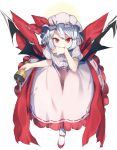  1girl bat_wings biting biting_hand blood blue_hair commentary_request fang full_body gourd hat kasuka_(kusuki) looking_at_viewer mob_cap pink_hat pink_skirt pointy_ears puffy_short_sleeves puffy_sleeves red_eyes red_footwear remilia_scarlet ribbon-trimmed_skirt ribbon_trim short_hair short_sleeves skirt smile socks solo standing touhou white_legwear wings 