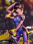  1girl acronym adapted_costume animal_print arm_up bangs bicycle bike_jersey bike_shorts biker_clothes blue_bodysuit blurry bodysuit bokeh breasts breasts_apart brown_eyes brown_hair bunny_print cable character_name closed_mouth clothes_writing covered_navel cowboy_shot d.va_(overwatch) depth_of_field emblem eyelashes facepaint facial_mark fingerless_gloves floating_hair freckles gloves goggles ground_vehicle hand_on_head headphones helmet legs_apart lens_flare liang_xing light_particles logo long_hair looking_at_viewer medium_breasts nose outdoors overwatch patreon_username pink_lips road_bicycle saddle short_sleeves shoulder_pads skin_tight smile solo spandex standing swept_bangs watermark web_address whisker_markings white_gloves wind zipper 