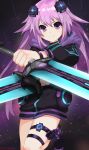  1girl absurdres adult_neptune blush d-pad dual_wielding hair_ornament highres holding holding_weapon hood jacket long_hair looking_at_viewer neptune_(series) purple_hair sendrawz shin_jigen_game_neptune_vii smile solo sword violet_eyes weapon 