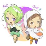  2boys brown_hair candy cherry_blossoms chibi fairy fairy_wings food ghost_costume green_hair halloween_costume hand_on_own_cheek head_wreath houchou_toushirou lowres male_focus mouri_toushirou multiple_boys petals pumpkin_pants shiru_(b_sukinai) silk smile spider_web touken_ranbu violet_eyes wings 