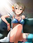  1girl bikini blush breasts cleavage convenient_leg flower grey_hair hair_between_eyes hair_flower hair_ornament idolmaster idolmaster_cinderella_girls idolmaster_cinderella_girls_starlight_stage looking_at_viewer medium_breasts shiomi_shuuko short_hair smile solo swimsuit unyon 