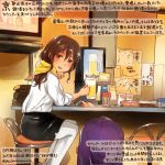  1girl :d alcohol ashigara_(kantai_collection) beer beer_mug black_skirt brown_eyes brown_hair colored_pencil_(medium) commentary_request dated holding jacket jacket_removed kantai_collection kirisawa_juuzou long_hair numbered open_mouth pantyhose purple_jacket shirt sitting skirt smile solo traditional_media translation_request twitter_username white_legwear white_shirt 