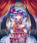  1girl bat_wings cake candle curtains fang fingernails flower food fork fruit hair_between_eyes hat hat_ribbon holding indoors looking_at_viewer mob_cap nail_polish open_mouth pocket_watch puffy_short_sleeves puffy_sleeves purple_hair red_eyes red_nails red_ribbon remilia_scarlet ribbon rose sharp_fingernails short_sleeves smile solo strawberry touhou watch white_hat wings wrist_cuffs zounose 