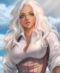  1girl blue_sky breasts cleavage clouds cloudy_sky collared_shirt commentary commission day highres large_breasts lipstick long_hair long_sleeves looking_away looking_to_the_side makeup nguyen_uy_vu original outdoors parted_lips photoshop red_lipstick shirt sky solo underbust upper_body white_hair white_shirt yellow_eyes 