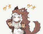  1girl alternate_costume animal_costume blush_stickers commentary damagefloor dress fur_collar highres kantai_collection long_hair looking_at_viewer mittens northern_ocean_hime orange_eyes shinkaisei-kan simple_background solo translation_request white_background white_dress white_hair white_skin wolf_costume wolf_paws 