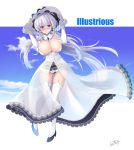  1girl azur_lane blue_eyes blush breasts c.r. cleavage dress elbow_gloves gloves hair_ornament hat highres illustrious_(azur_lane) large_breasts long_hair looking_at_viewer low_twintails panties smile solo thigh-highs twintails underwear very_long_hair white_dress white_gloves white_hair white_legwear 