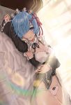  bed blue_eyes blue_hair detached_sleeves frills hair_ornament hair_over_one_eye hair_ribbon highres looking_at_viewer maid on_bed panties pink_ribbon re:zero_kara_hajimeru_isekai_seikatsu rem_(re:zero) ribbon short_hair sunlight teshima_nari underwear x_hair_ornament 