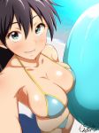  1girl :d armpits artist_name ball bare_shoulders bikini black_hair blue_bikini blue_eyes blush breasts cleavage collarbone cowboy_shot ganaha_hibiki hair_between_eyes idolmaster jabara_tornado large_breasts long_hair looking_at_viewer open_mouth self_shot shiny shiny_skin signature smile solo standing string_bikini swimsuit 