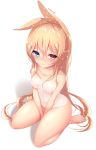  1girl absurdres animal_ears artist_name bangs bare_arms bare_legs bare_shoulders barefoot between_legs blonde_hair blush breasts cat_ears closed_mouth collarbone commentary covered_navel erect_nipples eyebrows_visible_through_hair from_above full_body g41_(girls_frontline) girls_frontline hair_between_eyes half-closed_eyes hand_between_legs heterochromia hibi_(grangcat) highres long_hair looking_at_viewer looking_up on_floor see-through sitting skin_tight small_breasts smile strapless toenails toes very_long_hair wariza wet white_background 