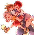  1girl armpits blue_eyes breasts brown_hair chains closed_eyes gloves kairi_(kingdom_hearts) kingdom_hearts legs multiple_boys pomiko redhead riku short_hair silver_hair sora_(kingdom_hearts) source_request 