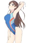 1girl arm_up armpits blue_swimsuit breasts brown_eyes brown_hair competition_swimsuit contrapposto covered_navel cowboy_shot hand_on_own_thigh idolmaster idolmaster_cinderella_girls large_breasts leaning_forward long_hair nitta_minami one-piece_swimsuit simple_background solo swimsuit tunamayochan white_background 