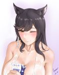  1girl absurdres animal_ears arm_at_side artist_name atago_(azur_lane) azur_lane bangs bikini black_hair blush breasts brown_eyes cleavage closed_mouth commentary_request dated drinking_straw eyebrows_visible_through_hair eyelashes gradient gradient_background hair_ribbon highres holding large_breasts long_hair milk_carton mole mole_under_eye one_eye_closed ribbon rosaline smile solo squeezing swimsuit white_bikini white_ribbon 