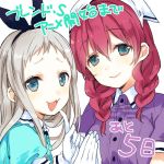  1boy 1girl :3 :d amano_miu aqua_dress blend_s blush braid commentary_request countdown dress gloves green_eyes hair_ribbon hairband hands_together head_scarf index_finger_raised jpeg_artifacts kanzaki_hideri looking_at_viewer nakayama_miyuki open_mouth platinum_blonde purple_dress redhead ribbon short_sleeves simple_background smile translation_request trap twin_braids waitress white_background white_gloves 