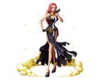  1girl baccarat_(one_piece) black_gloves bodskih breasts cleavage cleavage_cutout dress full_body gloves hand_on_hip high_heels huge_breasts long_hair one_piece redhead sleeveless sleeveless_dress solo standing transparent_background 