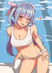  1girl :d alternate_costume bikini blush bow breasts cleavage collarbone cosplay eyebrows_visible_through_hair from_above hair_bow hand_under_clothes heart heart-shaped_pupils i-19_(kantai_collection) kantai_collection long_hair medium_breasts multicolored_hair nontraditional_school_swimsuit open_mouth pool purple_hair red_eyes ro-500_(kantai_collection) ro-500_(kantai_collection)_(cosplay) satsuki_neko school_swimsuit sitting sketch smile solo swimsuit symbol-shaped_pupils twintails white_bikini white_school_swimsuit white_swimsuit 