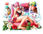  1girl arm_support barefoot bikini black_eyes bodskih breasts cleavage feet flower food frilled_bikini frills ghost hair_ornament hibiscus holding holding_food ice_cream large_breasts long_hair one_piece perona pink_hair polka_dot polka_dot_bikini red_bikini red_flower shiny shiny_skin sitting soles solo swimsuit toes tongue tongue_out twintails very_long_hair white_flower wrist_cuffs 