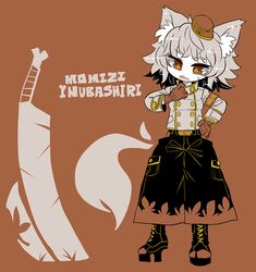  1girl animal_ears gloves grey_hair hat inubashiri_momiji orange_eyes shield shoes short_hair simple_background standing sword symbol-shaped_pupils touhou weapon wolf_ears yt_(wai-tei) 