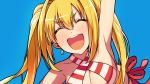  1girl arm_up bikini blonde_hair blue_background close-up closed_eyes earrings fate/extra fate/grand_order fate_(series) halterneck jewelry long_hair nero_claudius_(swimsuit_caster)_(fate) open_mouth saber_extra sayshownen simple_background smile solo striped striped_bikini swimsuit twintails 