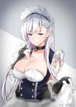  1girl azur_lane bangs belfast_(azur_lane) blue_eyes braid breasts chains cleavage collar collarbone commentary_request eyebrows_visible_through_hair gloves highres large_breasts long_hair looking_at_viewer maid maid_headdress mizuu_rei silver_hair solo twitter_username 