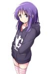  1girl bangs black_hoodie closed_mouth clothes_writing collarbone commentary_request cowboy_shot eyebrows_visible_through_hair flat_chest hands_in_pockets hinata_yukari long_hair long_sleeves looking_at_viewer mel_(melty_pot) parka pink_shirt purple_hair shirt simple_background smile solo standing striped striped_legwear thigh-highs undershirt violet_eyes white_background yuyushiki 