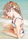  1girl :d arm_at_side arm_up ass bangs bare_arms bare_legs bare_shoulders bikini blue_bikini blue_eyes blush breasts brown_hair butt_crack cleavage commentary_request downblouse downpants ear_piercing earrings from_above head_tilt heart heart_earrings highres jewelry kantai_collection kazagumo_(kantai_collection) long_hair looking_at_viewer looking_to_the_side namiki_kojiro nape ocean open_mouth outdoors piercing sitting small_breasts smile solo striped striped_bikini swimsuit twitter_username water yokozuwari 