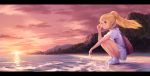  1girl backpack bag beach blonde_hair city cliff clouds dress green_eyes highres letterboxed lighthouse lillie_(pokemon) mountain noske outdoors pokemon pokemon_(game) pokemon_sm ponytail scenery sidelocks sky smile solo spoilers squatting sunset ticket water white_dress 