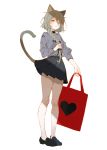  1girl absurdres animal_ears arm_at_side aruterra bangs black_footwear black_ribbon black_skirt braid breasts cat_ears cat_girl cat_tail closed_mouth clothes_writing commentary_request full_body grey_eyes grey_hair grey_shirt hair_between_eyes hair_ornament hair_ribbon hand_up heart heart_print highres holding holding_bag holding_hair loafers long_hair long_sleeves looking_at_viewer miniskirt original ribbon shirt shoes simple_background single_braid skirt small_breasts solo standing tail white_background 