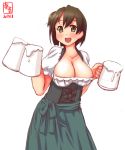  1girl alternate_costume apron beer_mug breasts brown_eyes brown_hair cleavage dated dirndl dress german_clothes highres hiryuu_(kantai_collection) kanon_(kurogane_knights) kantai_collection large_breasts looking_at_viewer oktoberfest open_mouth short_hair short_sleeves side_ponytail smile solo underbust waitress 