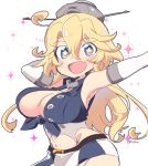  1girl armpits blonde_hair breasts cleavage elbow_gloves front-tie_top garter_straps gloves hair_between_eyes headgear iowa_(kantai_collection) kantai_collection large_breasts long_hair miniskirt navel open_mouth skirt solo star star-shaped_pupils striped symbol-shaped_pupils tsukko_(3ki2ne10) vertical_stripes 