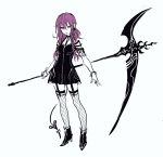  1girl ankle_boots black_dress boots bracelet braid commentary_request dress eyebrows_visible_through_hair fishnet_legwear fishnets full_body hair_between_eyes high_heel_boots high_heels highres holding holding_weapon jewelry long_hair looking_at_viewer maruchi open_mouth purple_hair scythe simple_background solo standing thigh-highs violet_eyes weapon white_background 