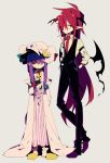 2girls arm_belt black_pants blue_bow blue_eyes bow capelet cigarette crescent crescent_hair_ornament demon_wings dress full_body glasses grey_background hair_bow hair_ornament hair_over_eyes hair_over_one_eye hands_in_pocket hat hat_ribbon head_wings higa423 highres koakuma long_hair long_sleeves multiple_girls pants patchouli_knowledge pointy_ears purple_hair red_bow red_eyes red_necktie red_ribbon redhead ribbon sidelocks simple_background skirt skirt_set slippers socks standing striped striped_dress touhou very_long_hair vest violet_eyes wings 
